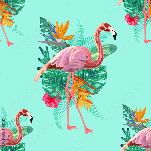 Pink flamingos, exotic birds, tropical palm leaves, trees, jungle leaves seamless floral pattern background