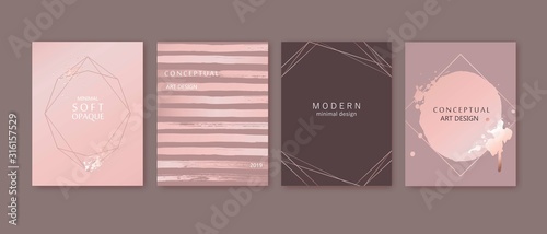 Modern card design. Hand drawn background. Gold, pink brochure, flyer, invitation template.
