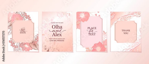 Elegant luxury card template with flowers, anemones, winter berries and rose gold marble texture.