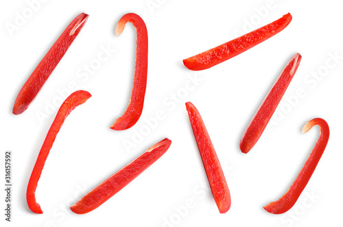 Set of cut ripe red bell pepper on white background
