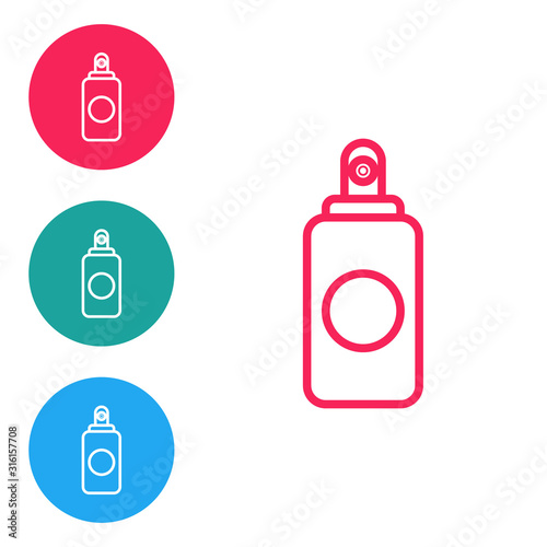 Red line Spray can for air freshener, hairspray, deodorant, antiperspirant icon isolated on white background. Set icons in circle buttons. Vector Illustration