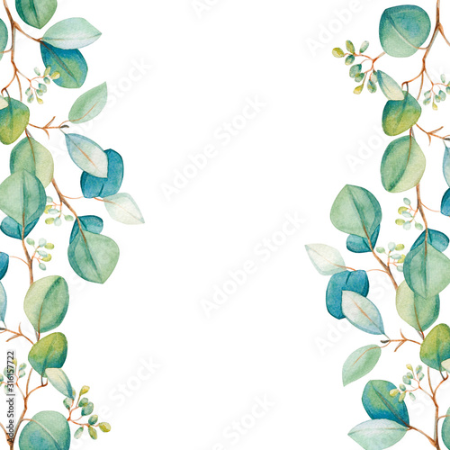  Watercolor eucalyptus leaf frame. Floristic design elements for floristics. Hand drawn illustration. Greeting card. Floral print. Plant painted background. For postcards, greetings, cards, logo. 