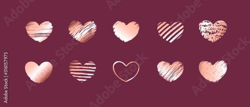 Set of hand drawn textured hearts with rose gold gradient. Symbol of love. Valentine's day design element.