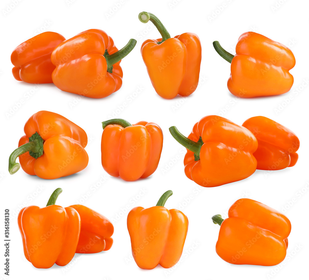 Set of ripe orange bell peppers on white background Set of ripe orange bell peppers on white background
