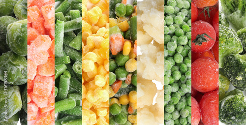 Collage with different frozen vegetables as background, top view photo