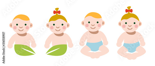 Niedliche Öko-Babys mit Blättern und Windeln