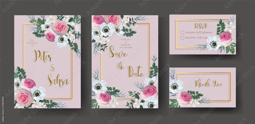 Set of Wedding invitation Card with pink roses flower on gold frame vector illustration Set of Wedding invitation Card with pink roses flower on gold frame vector illustration