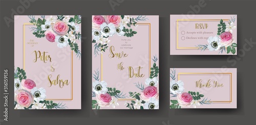 Set of Wedding invitation Card with pink roses flower on gold frame vector illustration