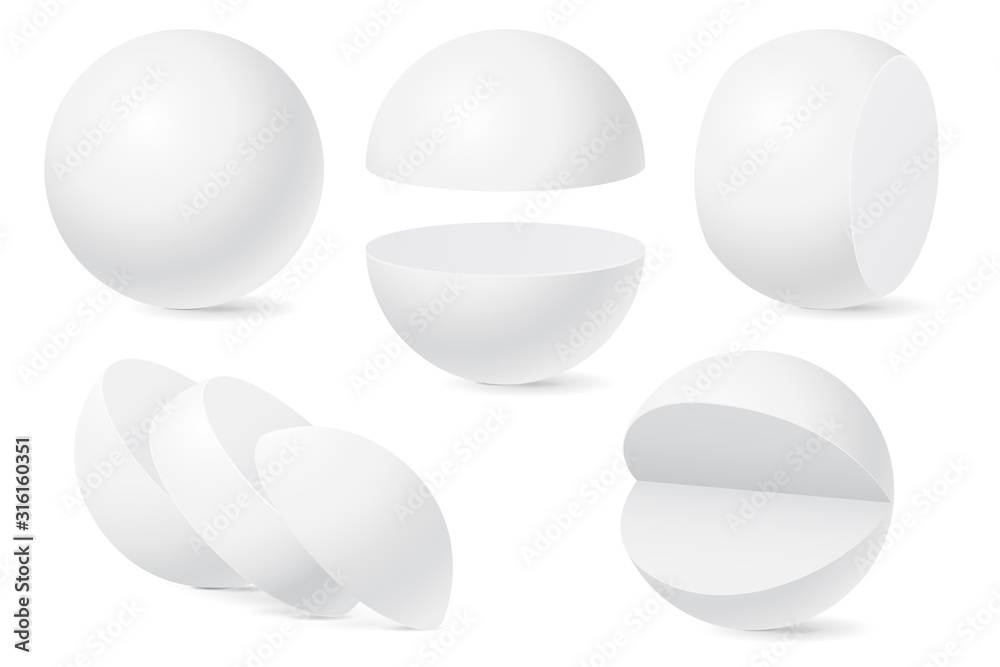 Sphere set. Whole and cut in pieces. White templates - obrazy, fototapety, plakaty 
