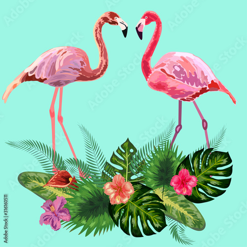 Decorated with exotic rain forest jungle palm tree monstera leaves and couple of pink flamingo birds. © MichiruKayo