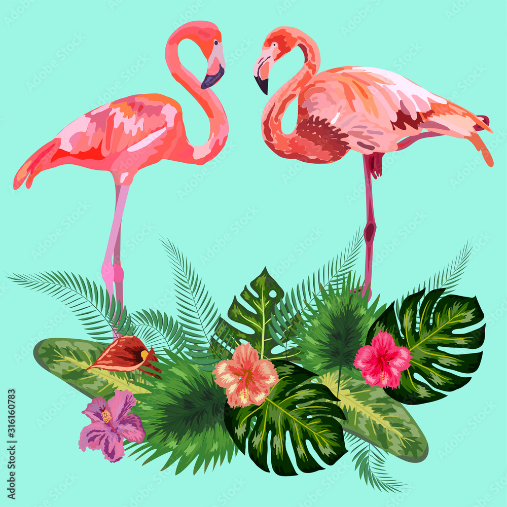 Decorated with exotic rain forest jungle palm tree monstera green leaves and couple of pink flamingo birds.