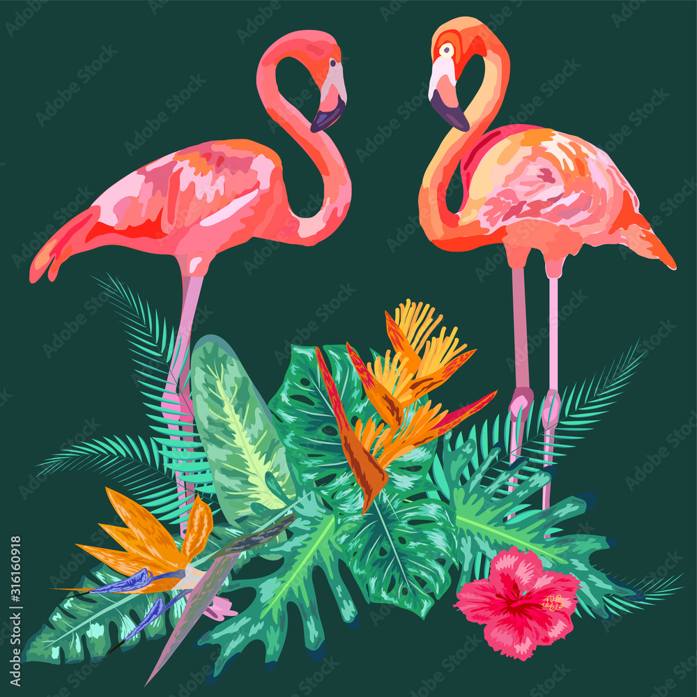 Obraz premium Decorated with exotic rain forest jungle palm tree monstera green leaves and couple of pink flamingo birds.