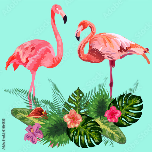 Decorated with exotic rain forest jungle palm tree monstera green leaves and couple of pink flamingo birds.