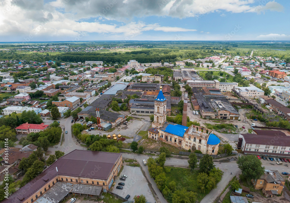 Church in Irbit city. Russia, Sverdlovsk region, aerial