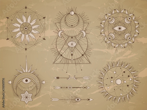Vector set of Sacred symbols with moon, eye, sun and geometric figures on old paper background. Abstract mystic signs collection.
