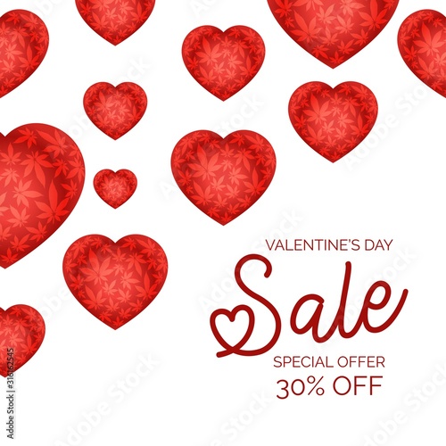 Heart with marijuana leaves seamless vector background.Valentine's day background