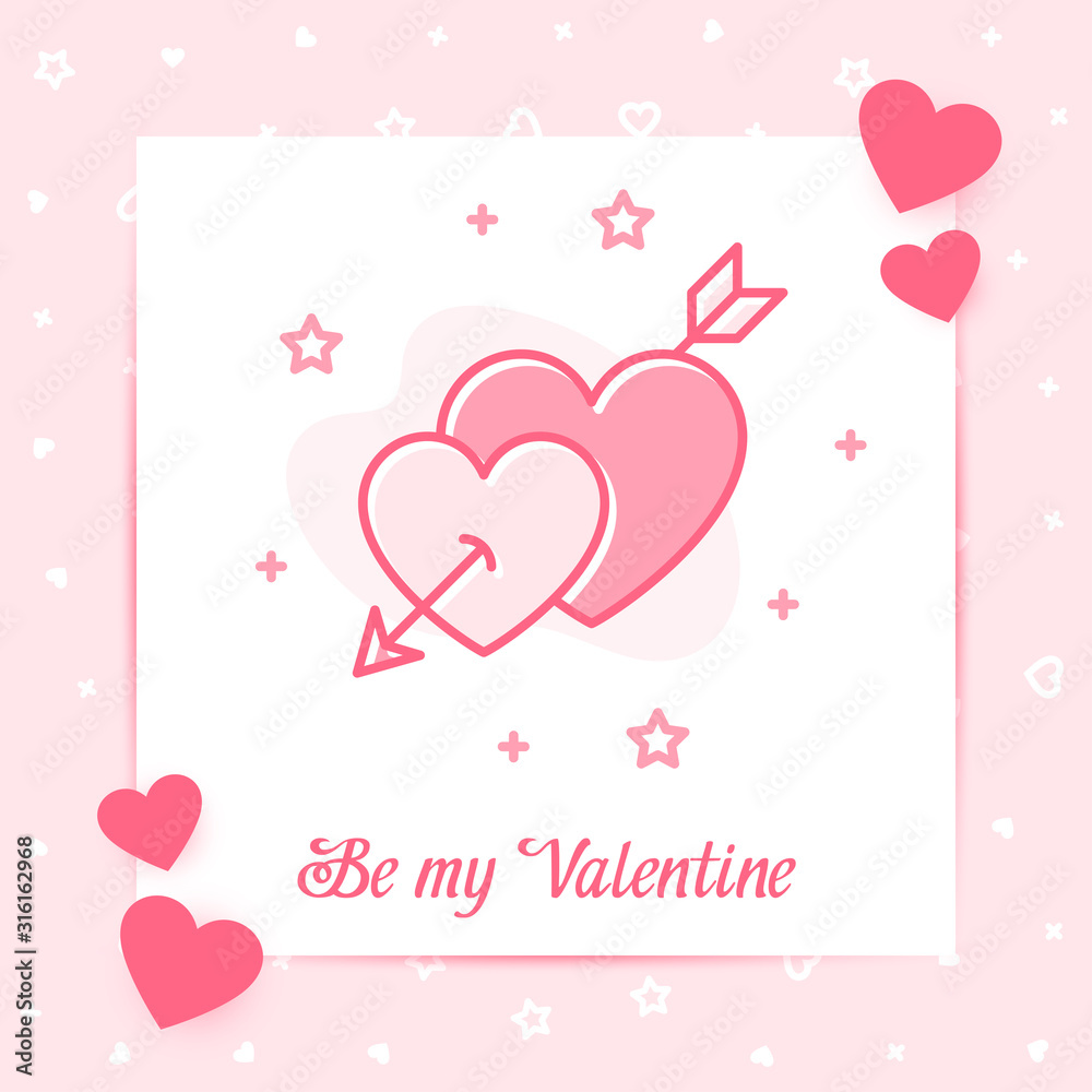 Two hearts arrow valentine card love day text icon