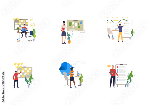 Office worker set. Manager reading books, using planning board, studying reports. Flat vector illustrations. Career, planning, management concept for banner, website design or landing web page