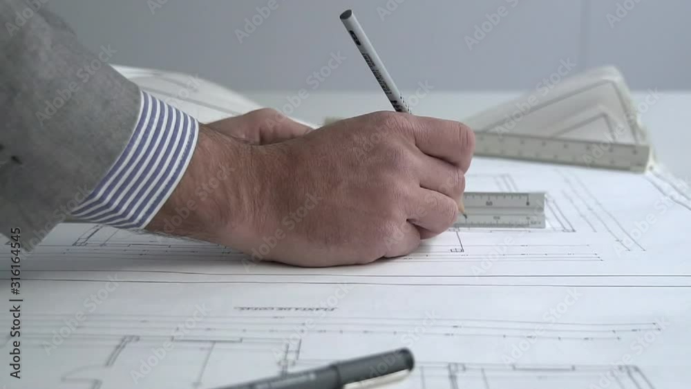 Arquitecto diseña planos con lápiz y regla HD