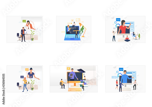 Online training set. Trainer speaking on computer monitor, people talking on cell. Flat vector illustrations. Learning, seminar, customer support concept for banner, website design or landing web page
