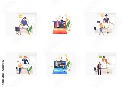 Digital communication set. Professionals talking on cellphones, watching seminar. Flat vector illustrations. Phone talk, expertise, advice concept for banner, website design or landing web page