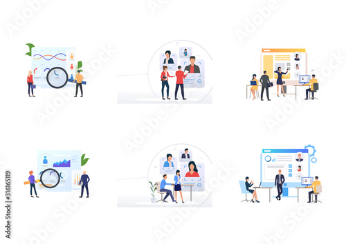 Team of recruiters set. Agents selecting employees with magnifying glass. Flat vector illustrations. Employment, recruiting, personnel selection concept for banner, website design or landing web page