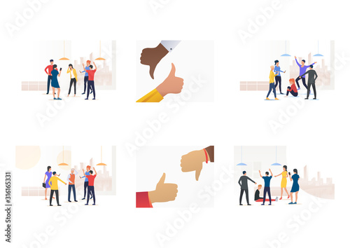 Bullying victim set. Group of adult people mocking mate, human hand, thumb up or down. Flat vector illustrations. Conflict, violence, abuse concept for banner, website design or landing web page