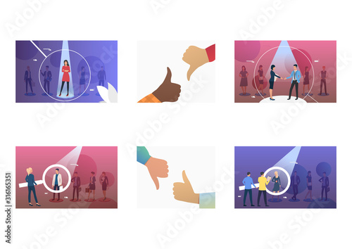 Employee selection set. Professional standing under spotlight, thumb up or down. Flat vector illustrations. Comparison, employment, career concept for banner, website design or landing web page