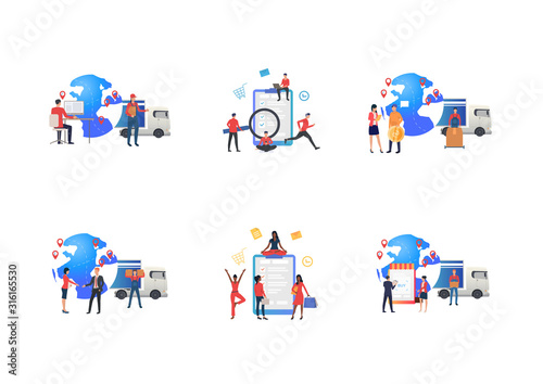 International delivery set. Courier unloading van, map with pointers. Flat vector illustrations. Shipment, logistics, worldwide business concept for banner, website design or landing web page