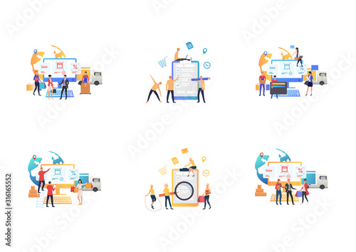 Online shopping set. Shoppers using computers, buying at sale, ordering delivery. Flat vector illustrations. Internet store, logistics, ecommerce concept for banner, website design or landing web page