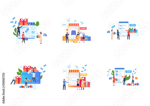 Loyalty program set. Customers using gift cards, buying at sale, leaving feedback. Flat vector illustrations. Shopping, special offer, discount concept for banner, website design or landing web page