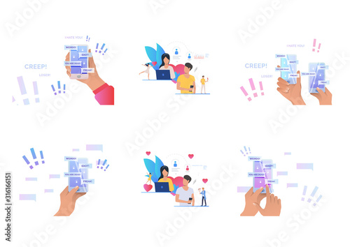Online communication set. Couples chatting online, dating service, bullying. Flat vector illustrations. Internet harassment, romance, application concept for banner, website design or landing web page