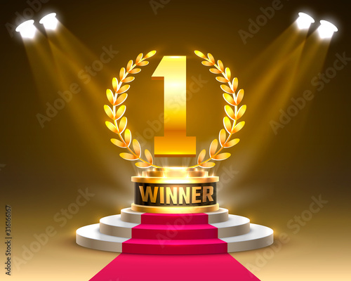Winner 1 best podium award sign, golden object.