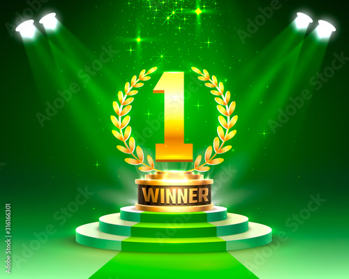 Winner 1 best podium award sign, golden object.