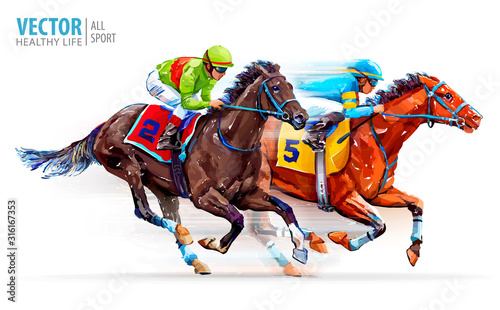 Foto Two racing horses competing with each other