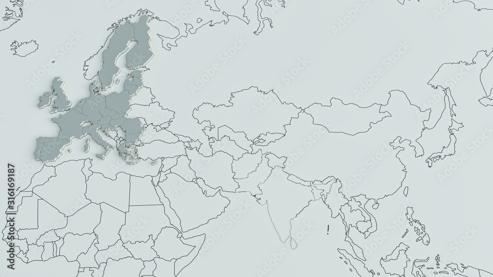 Fototapeta premium Europe on a world map with the borders of continents and countries - 3D Rendering