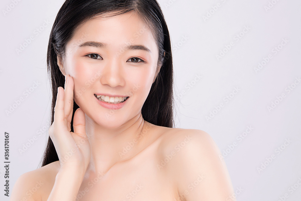 Portrait beautiful young asian woman clean fresh bare skin concept. Asian girl beauty face skincare and health wellness, Facial treatment, Perfect skin, Natural make up, on white background Portrait beautiful young asian woman clean fresh bare skin concept. Asian girl beauty face skincare and health wellness, Facial treatment, Perfect skin, Natural make up, on white background