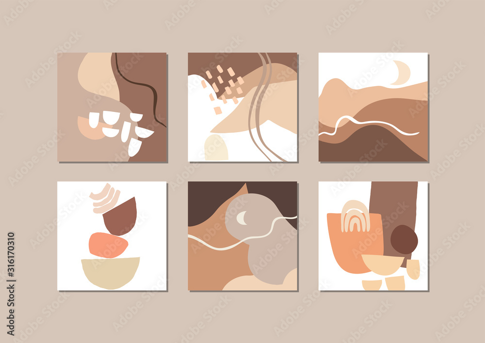 Vector set of square cards with abstract feminine compositions in matte palette.