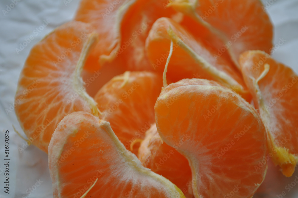 slices of mandarin closeup on a white background