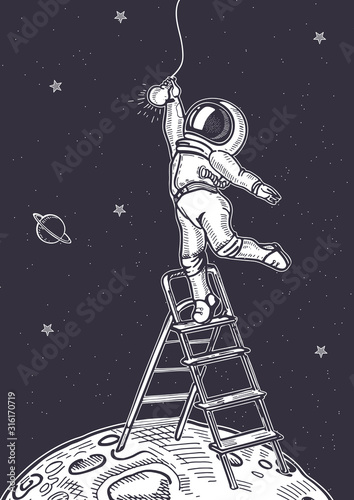 The astronaut is screwing a light bulb while standing on the stairs.