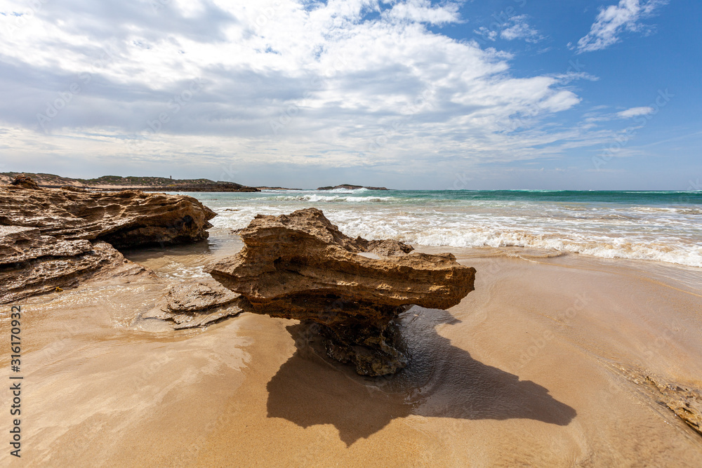 Beautiful eroded rock formations on ocean coastline in Beachport, South Australia