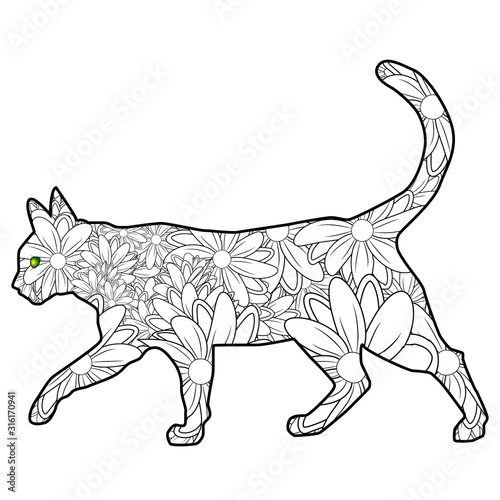 Coloring book Magic cat for adults. Hand drawn artistically ethnic ornament with patterned illustration