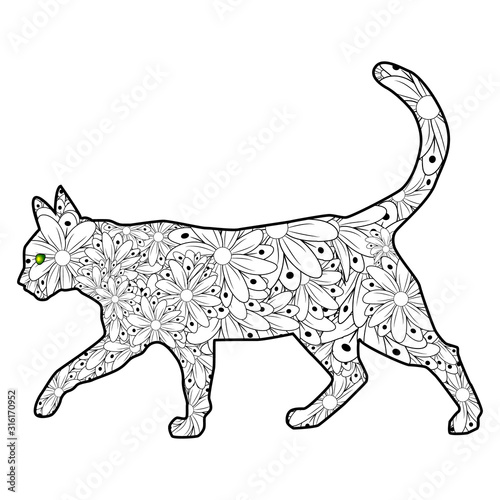 Coloring book Magic cat for adults. Hand drawn artistically ethnic ornament with patterned illustration
