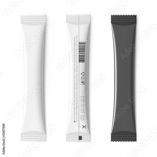 Realistic stick pack for products of the food and cosmetic industry. Vector illustration. Possibility use for granulated, powder products. Coffee, 3 in 1, sugar. EPS10.	