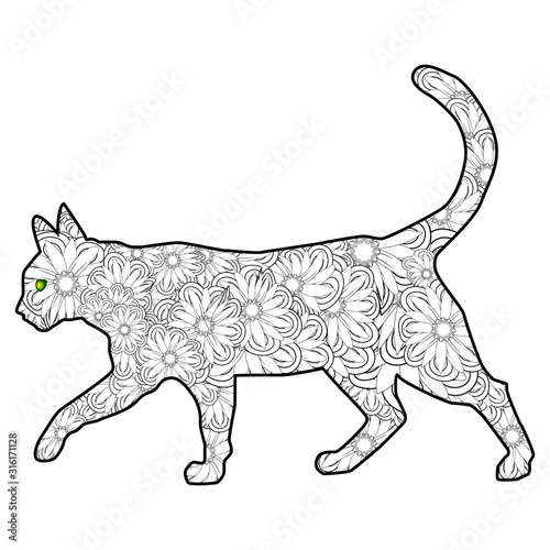 Coloring book Magic cat for adults. Hand drawn artistically ethnic ornament with patterned illustration