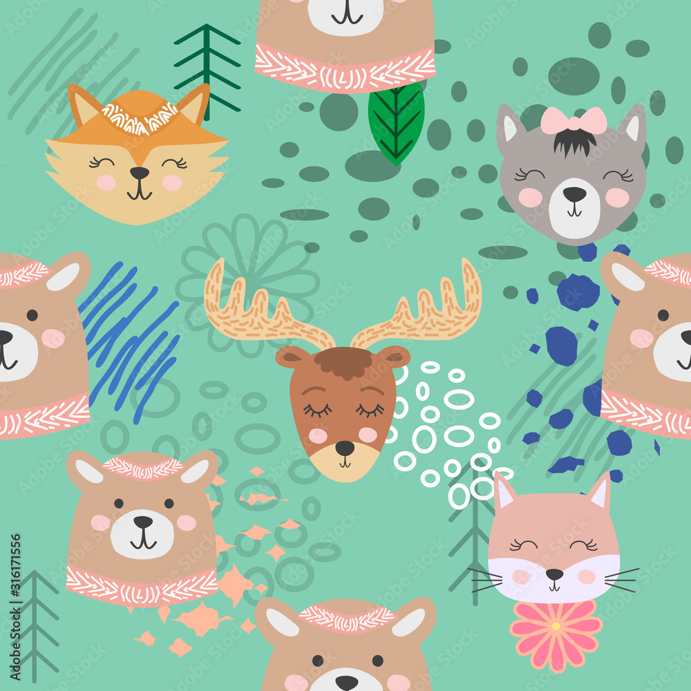 Autumn forest seamless pattern with cute animals Autumn forest seamless pattern with cute animals