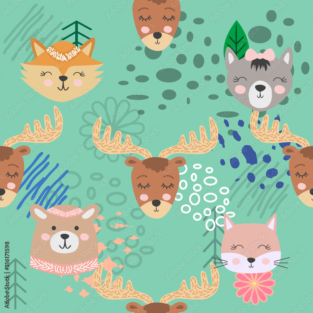 Fototapeta premium Hand drawn camping seamless pattern with cartoon characters