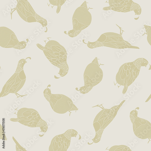 Vector Gold Quail Silhouettess on Beige Background Seamless Repeat Pattern. Background for textile, book covers, manufacturing, wallpapers, print, gift wrap and scrapbooking.