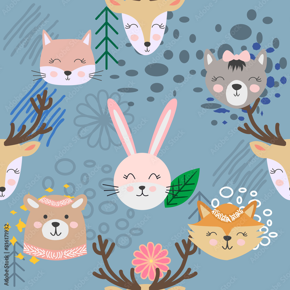 Obraz premium Autumn forest seamless pattern with cute animals