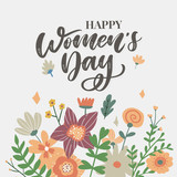 8 march. Happy Woman's Day Vector congratulation card with linear floral wreath